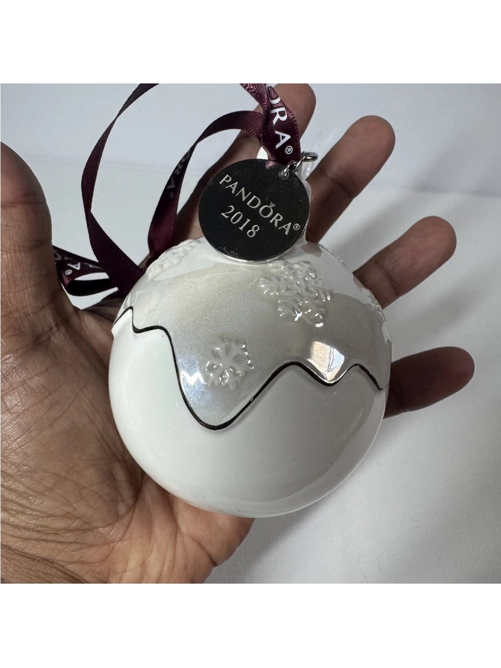 Pandora 2018 White Porcelain Snowflake Christmas Ball Ornament Silver Trim